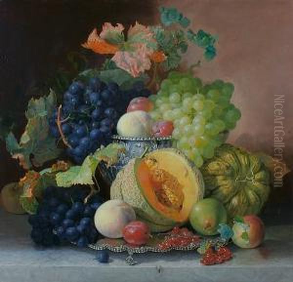 Still Life Of Grapes, Melon, Pears Plums And Peaches In A Silver Bowl Oil Painting by Eloise Harriet Stannard