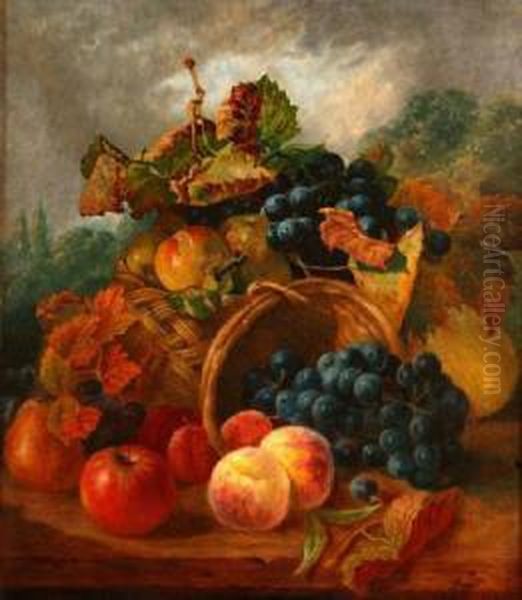 Still Lifestudy Of Pears, Apples, Peaches And Grapes In A Basket On A Ledge Oil Painting by Eloise Harriet Stannard