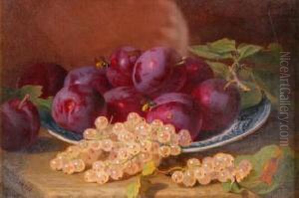 Still Lifestudy Of Plums And White Currants On A Blue And White Plate, On Awooden Ledge Oil Painting by Eloise Harriet Stannard