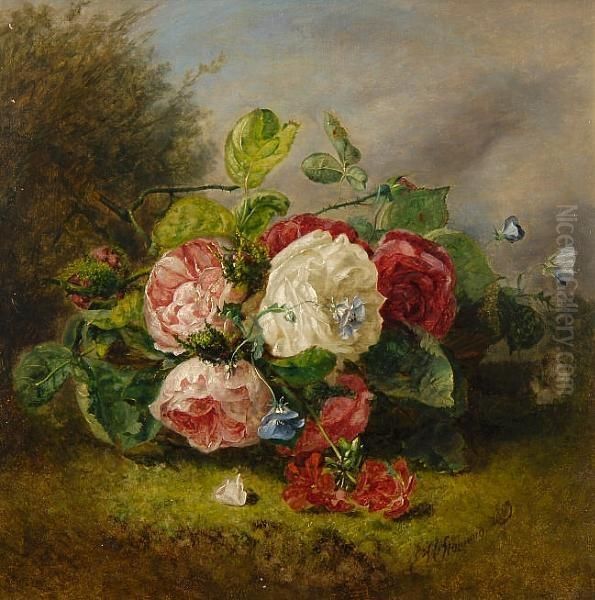 A Still Life Of Roses And Geraniums With Blue Butterflies In A Landscape Oil Painting by Eloise Harriet Stannard