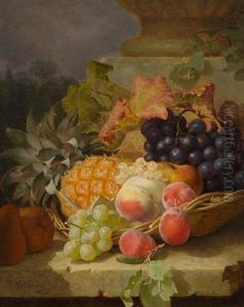 Still Life Of Fruit In A Basket On A Stone Ledge Oil Painting by Eloise Harriet Stannard