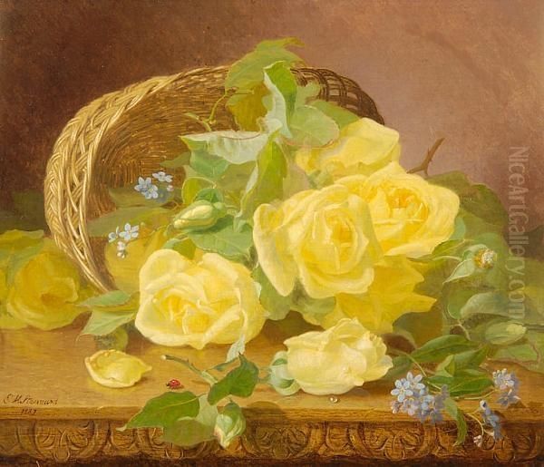 A Still Life Of Yellow Roses And
 Forget-me-nots Spilling From A Basket Onto A Carved Wooden Shelf Oil Painting by Eloise Harriet Stannard