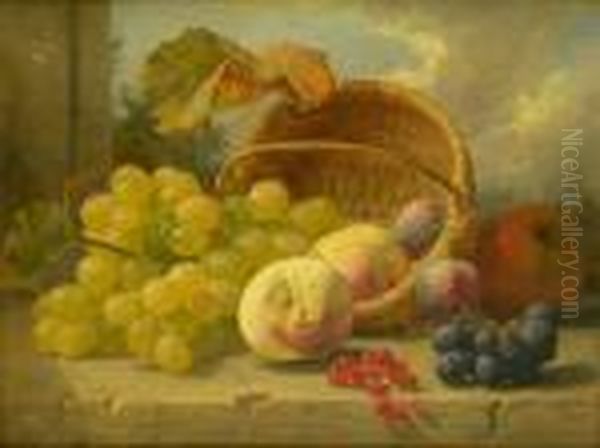 Still Life, Red And White 
Grapes, Peaches, Apple, Plums,red Currants And Rush Basket On A Stone 
Ledge Oil Painting by Eloise Harriet Stannard