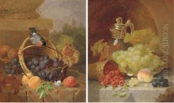 Still Life Of Fruit, A Bullfinch
 And A Butterfly; And Still Life Offruit On A Silver Salver With A Jug Oil Painting by Eloise Harriet Stannard