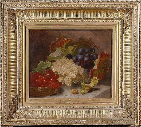 Still Life Of Redcurrants In A 
Basket, White Currants And Grapes In Glass Bowl And Hazelnuts, All On A 
Marble Ledge Oil Painting by Eloise Harriet Stannard