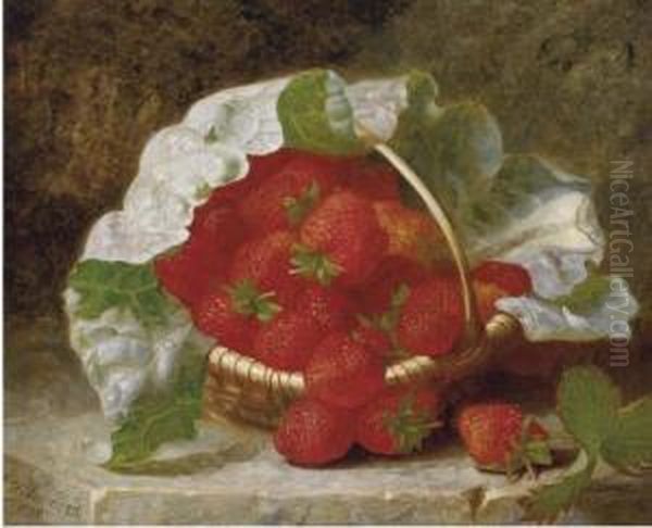 Strawberries And Cabbage Leaf In A Wicker Basket Oil Painting by Eloise Harriet Stannard