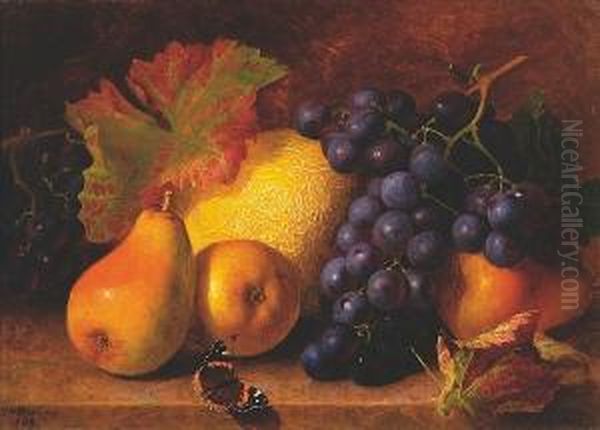 Pears, Melon And Grapes With A Tortoiseshell Butterfly In The Foreground Oil Painting by Eloise Harriet Stannard