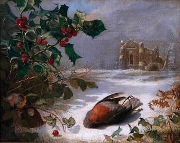 Dead Robin And Holly In The Snow With Church Beyond Oil Painting by Eloise Harriet Stannard