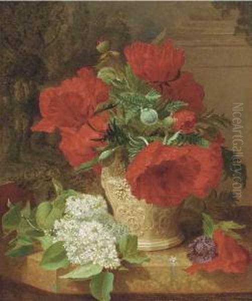 Poppies In A Vase, With White Lilac On A Marble Ledge Oil Painting by Eloise Harriet Stannard