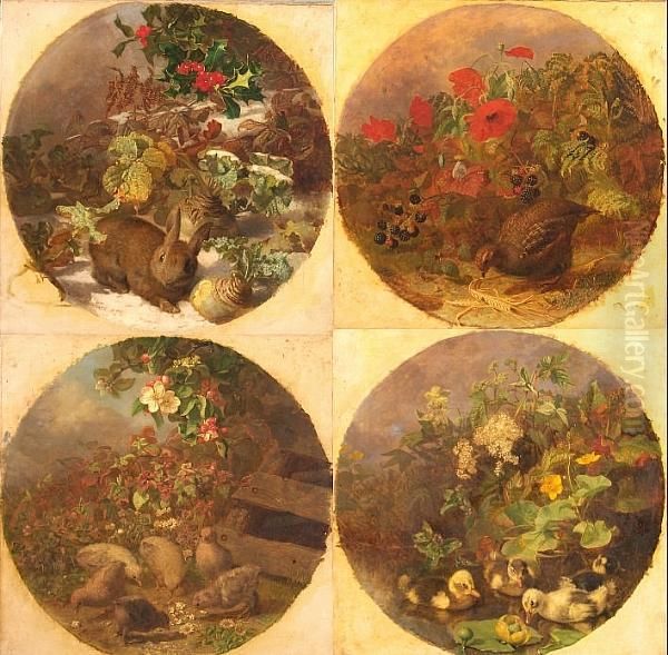 The Four Seasons: Chicks And 
Apple Blossom; Ducklings And Meadowsweet; Partridge, Poppies And 
Blackberries; Rabbit In The Snow Oil Painting by Eloise Harriet Stannard