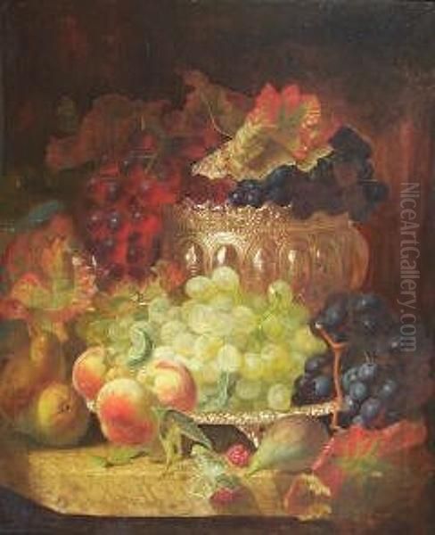 Still Life Of Fruit In A Silver Bowl And A Silver Tray All On A Marble Ledge Oil Painting by Eloise Harriet Stannard