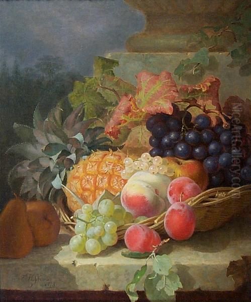 Still Life Of Fruit In A Basket On A Marble Ledge Oil Painting by Eloise Harriet Stannard