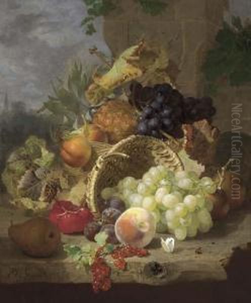 Apples, A Pineapple And Black 
Grapes In A Basket, Beside An Upturned Basket With A Pear, Plums, 
Redcurrants, A Peach, White Grapes And A Butterfly On A Wooden Ledge Oil Painting by Eloise Harriet Stannard