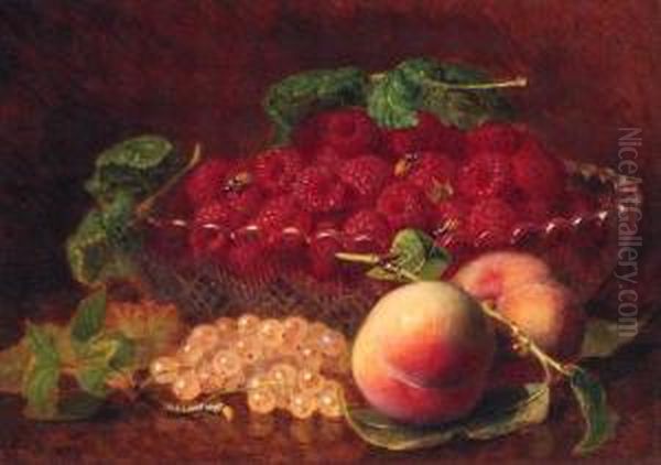 Peaches, Whitecurrants, Raspberries In A Glass Bowl, Andwasps Oil Painting by Eloise Harriet Stannard