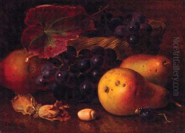 Pears, Cobnuts, Grapes In A Wicker Basket, And A Wasp Oil Painting by Eloise Harriet Stannard