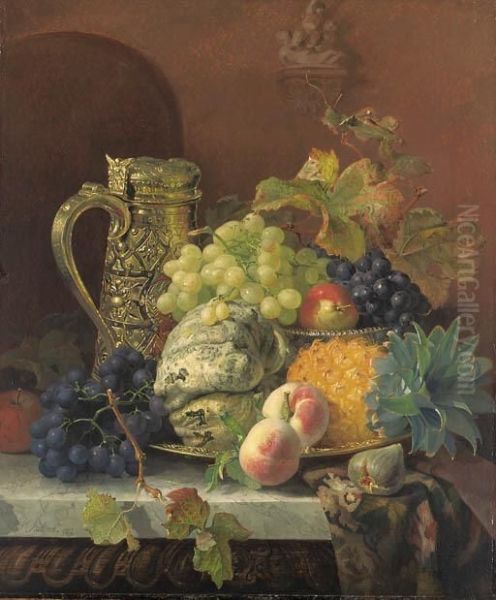 A Melon, Pineapple, Grapes And 
Other Fruits On A Tray, With Asilver Gilt Flagon On A Marble Ledge Oil Painting by Eloise Harriet Stannard