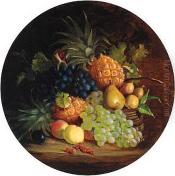 Grapes, Pears, Apples, Redcurrants And Pineapples In A Wickerbasket, On A Table Oil Painting by Eloise Harriet Stannard