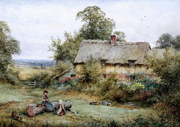 Girls Winding Wool Seated By A Log Outside A Cottage Oil Painting by Henry John Sylvester Stannard