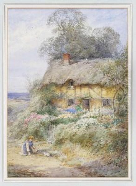 Feeding The Kitten By A Country Cottage Oil Painting by Henry John Sylvester Stannard