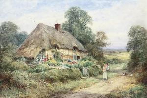 A Mother With Her Child And A Kitten Before A Thatchedcottage Oil Painting by Henry John Sylvester Stannard