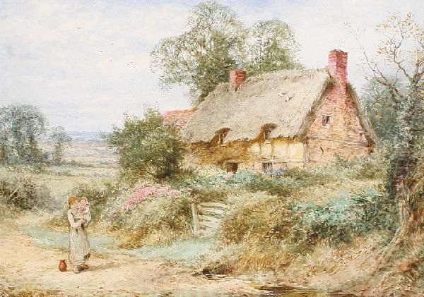 Figures Before A Cottage Oil Painting by Henry John Sylvester Stannard