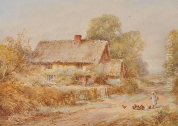 Girl Feeding Hens Outside A That Ched Cottage Oil Painting by Henry John Sylvester Stannard