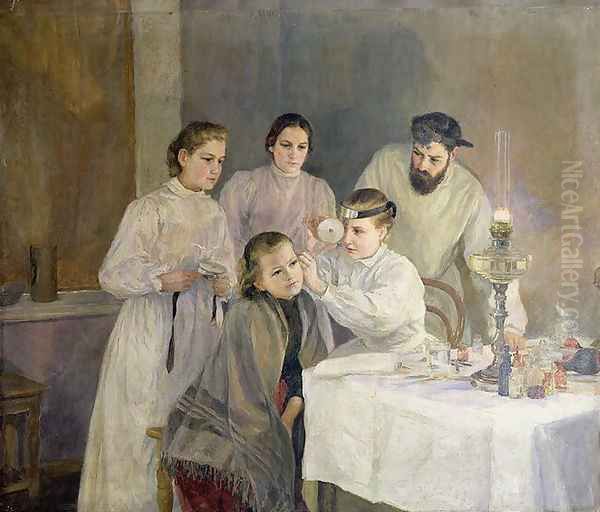 Scene in a Russian Hospital The Ear Inspection Oil Painting by Emily Shanks