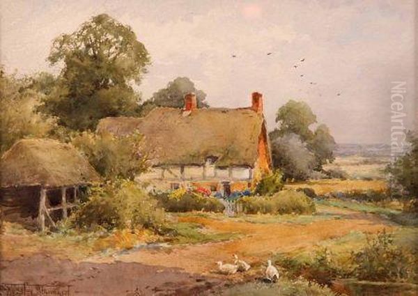 Ducks Before A Country Cottage Oil Painting by Henry John Sylvester Stannard