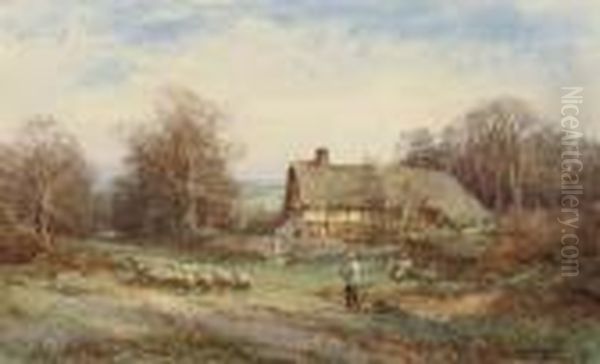 Feeding The Chickens; And A Bedfordshire Cottage Oil Painting by Henry John Sylvester Stannard