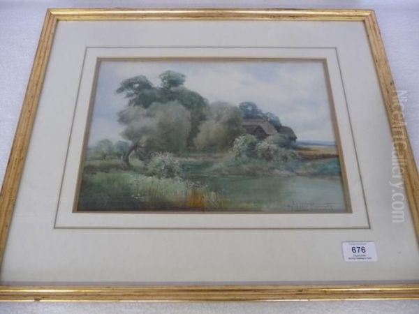 Bedfordshire Cottage Beside A Pond Oil Painting by Henry John Sylvester Stannard