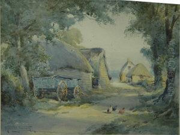 Chickens And Cart Before Thatched Cottages Oil Painting by Henry John Sylvester Stannard