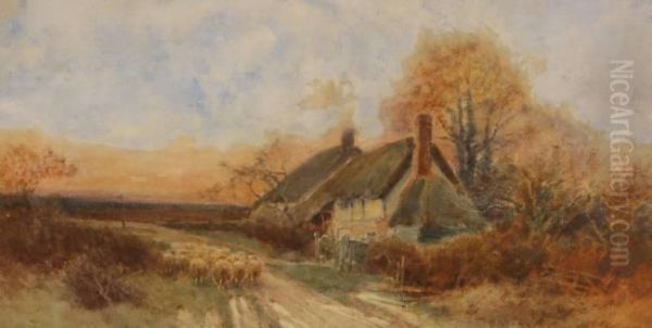 Flock Of Sheep Passing Thatched Cottages Oil Painting by Henry John Sylvester Stannard