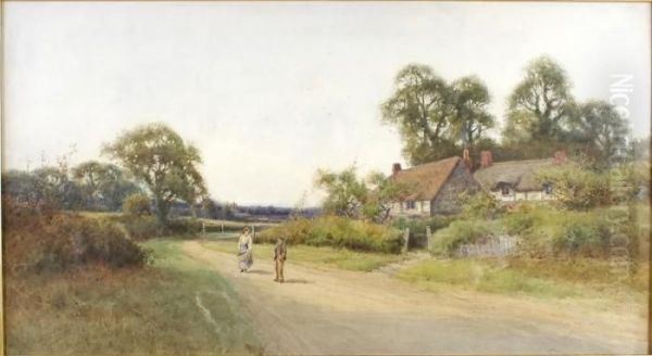 A Young Couple Conversing Outside Thatched Country Cottages Oil Painting by Henry John Sylvester Stannard