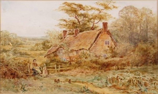 A Mother And Child Before A Thatched Cottage Oil Painting by Henry John Sylvester Stannard