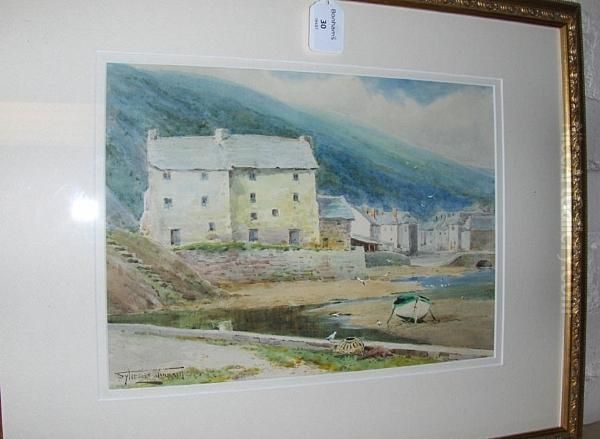 Low Tide In Polperro, Signed, Watercolour Oil Painting by Henry John Sylvester Stannard