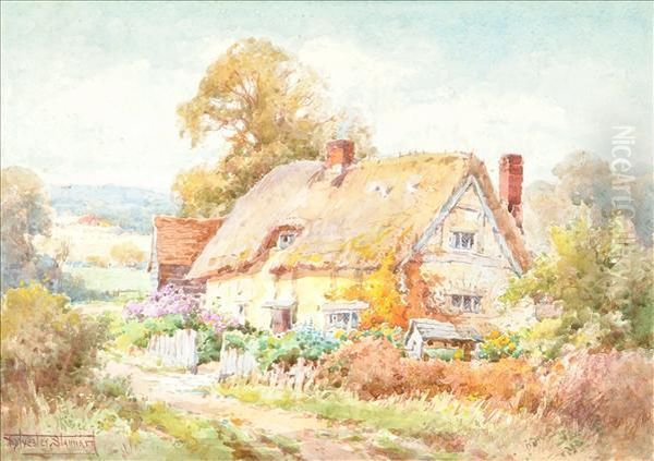 Viewof A Thatched Cottage Oil Painting by Henry John Sylvester Stannard