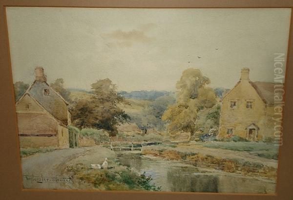 Country Village With River And Ducks by Henry John Sylvester Stannard