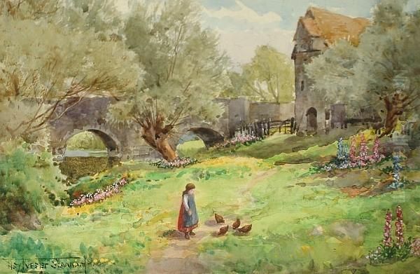 A Girl Feeding Hens; The Mill, A Pair Oil Painting by Henry John Sylvester Stannard