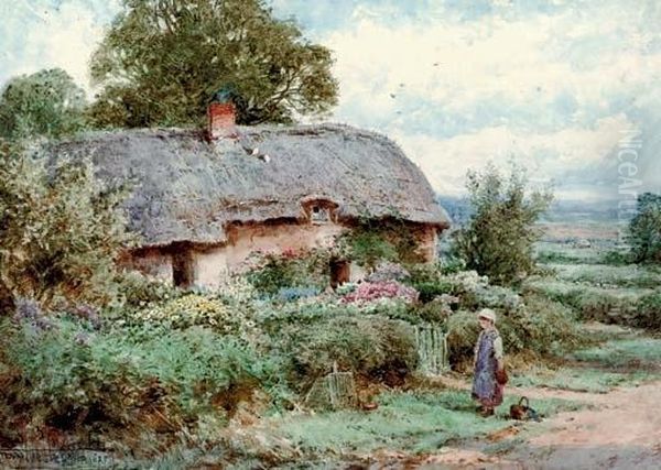 A Young Girl Before A Thatched Cottage Oil Painting by Henry John Sylvester Stannard