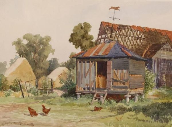 Watercolour, Farmyard Scene With Chickens, Signed, 11