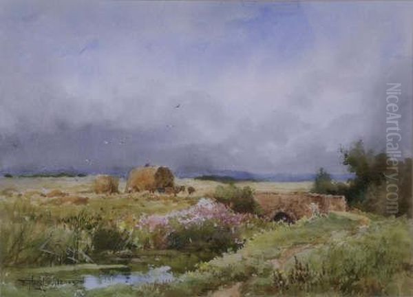 Haycarts Beyond A Stream Signed 10.25 X 14.5in Oil Painting by Henry John Sylvester Stannard