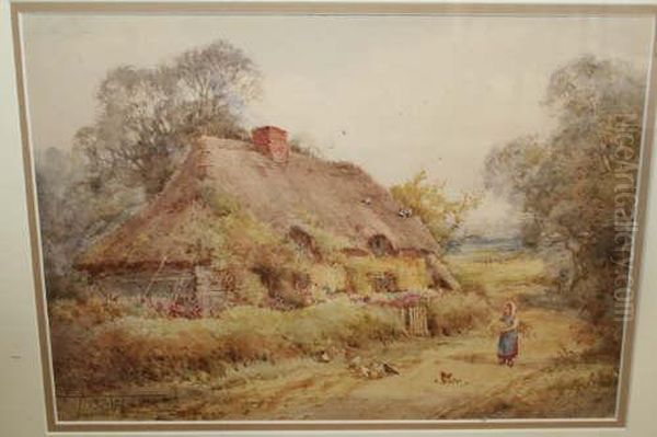 Woman And Chickens Beside A Thatched Cottage Signed 10 X 14in Oil Painting by Henry John Sylvester Stannard