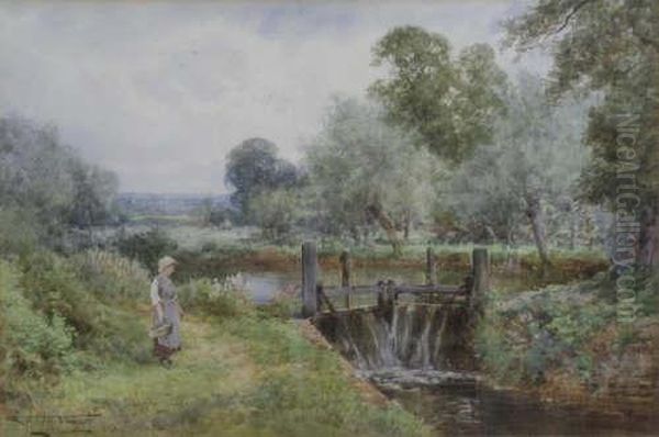 Girl Beside Lock Gates Oil Painting by Henry John Sylvester Stannard