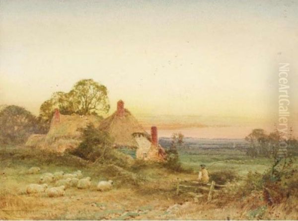 Shepherd And His Flock At Sunset Oil Painting by Henry John Sylvester Stannard