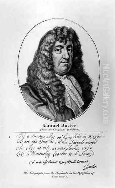 Portrait of Samuel Butler 1612-80 with an sample of his handwriting Oil Painting by Gerard Soest