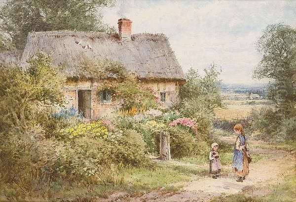 Young Children By The Cottage Gate Oil Painting by Henry John Sylvester Stannard