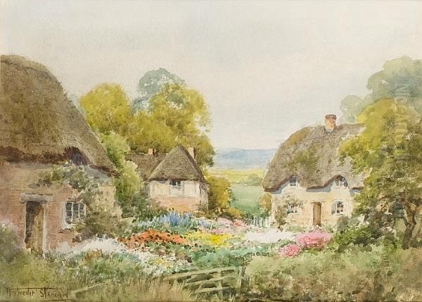 Bletsoe Garden, Bedfordshire; Cottage Scene, Bedfordshire Oil Painting by Henry John Sylvester Stannard