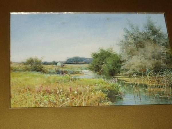 Hay Gathering In The Water Meadows Oil Painting by Henry John Sylvester Stannard