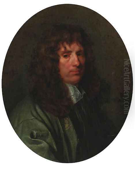 Portrait of a gentleman, bust length, in a green coat and white lace collar Oil Painting by Gerard Soest