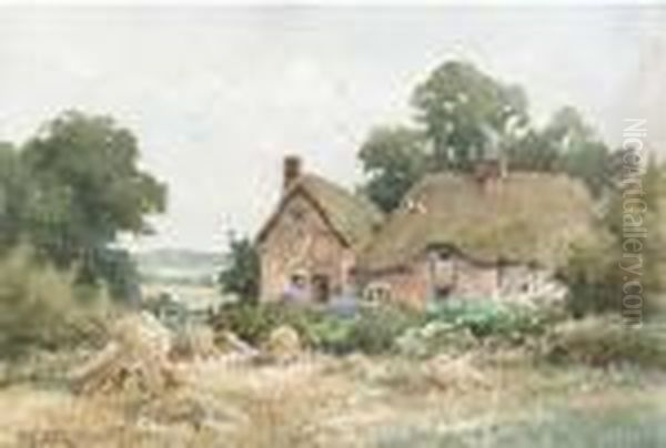 Thatched Cottages By A Hayfield Oil Painting by Henry John Sylvester Stannard